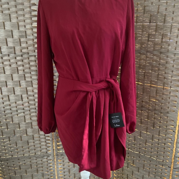 LULUS Wine Red Long Sleeve Tie-Front Skater Dress (XL) (NEW WITH TAGS) - Picture 9 of 11